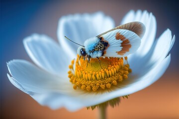 Focus On Butterfly On White Anemone Flower Generative AI