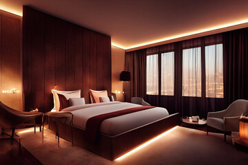 Luxury modern style bedroom, Interior of a hotel bedroom. Generative AI illustration