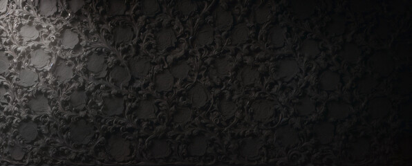 Black wall background with vintage style ornate floral ornaments. Generative AI illustration