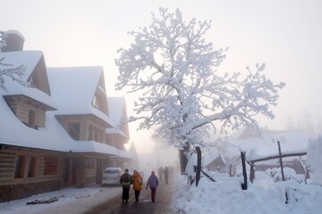 Beautiful winter scenery of Gubalowka hill with frozen trees, snowy buildings and walking people on misty evening light. Faumous place around Zakopane and Tatras Mountains