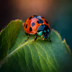 Fototapeta premium Ladybug sitting on a green leaf using Generative AI