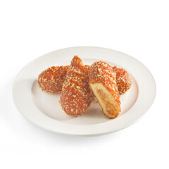 Crunch potato donut on white plate and background. Potatoes are smashed and mixed with cheese. The bread texture or crust is soft, bouncy and delicious. There are photo and vector versions for design 