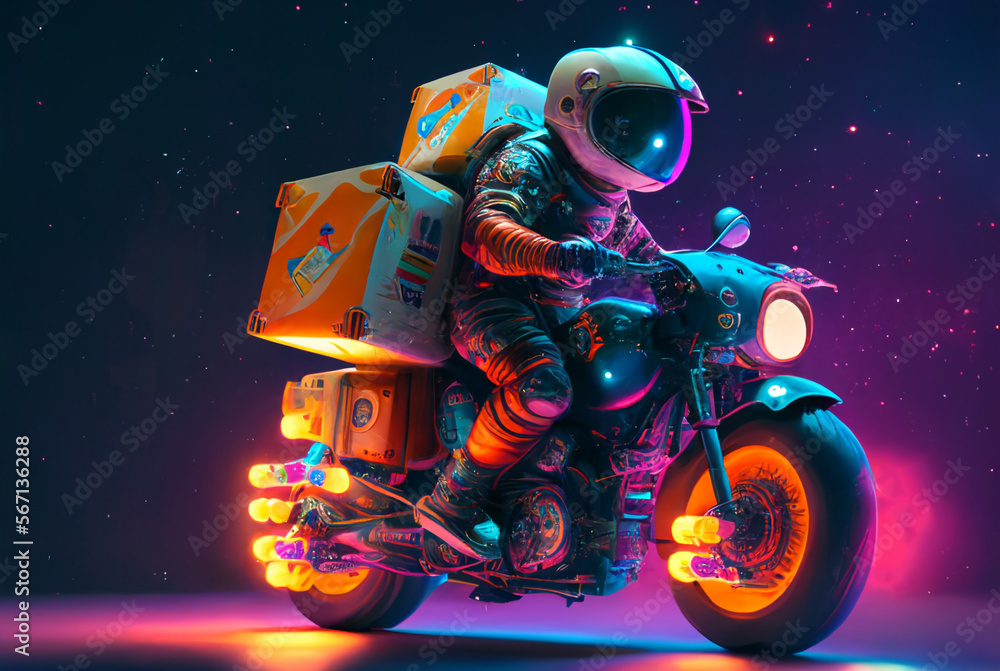 Sticker an astronaut on a delivery bike during intergalactic delivery using generative ai