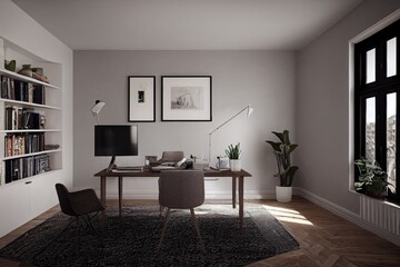 Naklejka na ściany i meble mock up poster frame in boho interior background, wooden living room design, Scandinavian style. Generative AI illustration