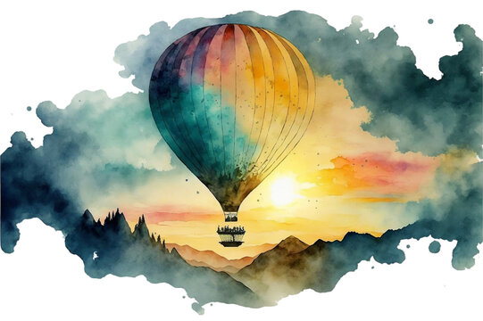 hot air balloon over sunset, illustration, watercolor sketch 