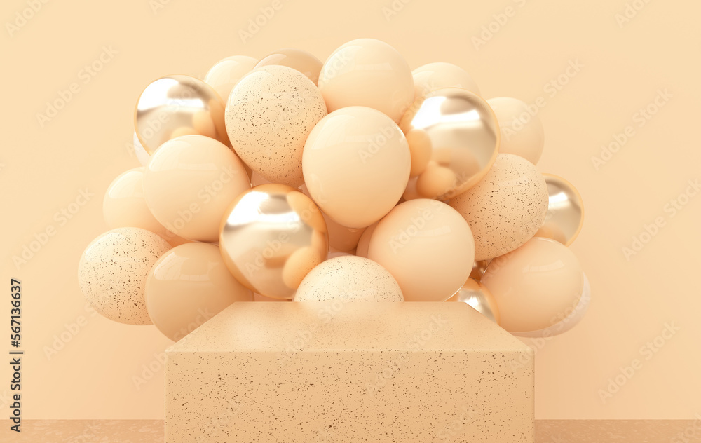 Aufkleber podiums for product presentation with bunch of balloons 3d rendering