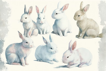Fototapeta premium white rabbits on white background in style of aquarelle, ai generated