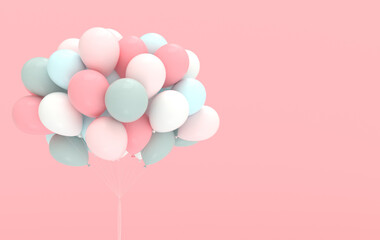A bunch of pastel colored balloons on pink background. Empty space for birthday, party, promotion social media banners, posters. 3d render balloons