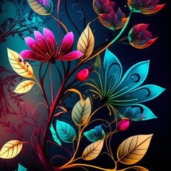 Original floral design with exotic flowers and tropic leaves. Colorful flowers on black background.