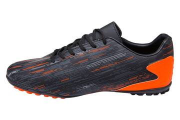 Football shoes with soft spikes, black with orange inserts, on a white background, isolate
