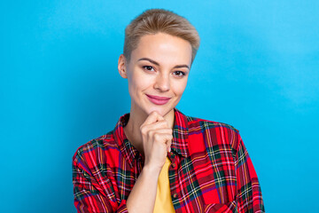 Photo of serious face minded intellectual business lady wear red checkered shirt touch chin...