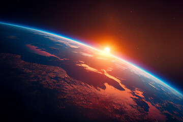 Fototapeta na wymiar Earth planet sunrise viewed from space. Created with Generative AI technology