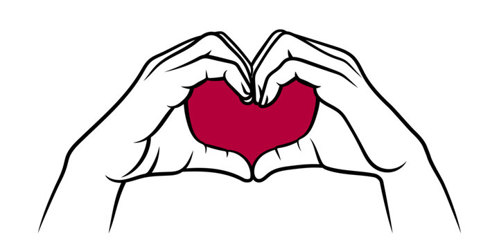Illustration of Hands making Sign of Heart. Red heart. Vector Illustration. Ink Style Lines and Fill.