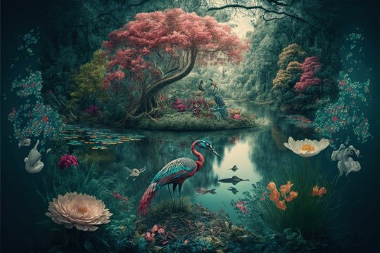 fantasy painting wallpaper of a forest landscape with a lake, plants, trees, roses, birds, peacocks, butterflies, and insects generative AI digital illustration.