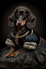 Portrait of Black and Brown Dachshund dressed as Queen Victoria. Generative AI, this image is not based on any original image, character or person.