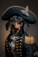 Portrait of Black and Brown Dachshund dressed as Napoleon Bonaparte. Generative AI, this image is not based on any original image, character or person. - obrazy, fototapety, plakaty