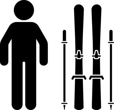 Stick figure skier boy standing in snow with ski icon. Black and white illustration silhouette pictogram