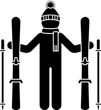Stick figure skier male standing in snow with ski icon. Black and white illustration silhouette pictogram