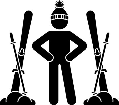 Stick figure skier guy standing in snow with ski icon. Black and white illustration silhouette pictogram