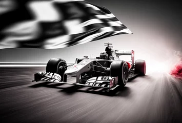 Wall murals F1 Motor sport racing car on a track with finish flag. Generative ai