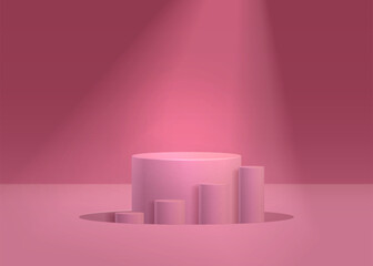 Podiums. Round 3d empty vector podium with pink background and spotlight. Showroom pedestals, floor stage platform for product presentation vector isolated mockup