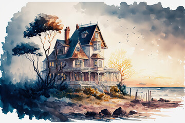 ai midjourney generated illustration of a dream villa by the sea during sunset in watercolor style