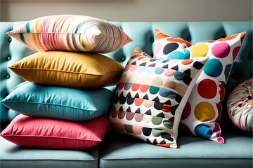 Obraz premium a blue couch with a bunch of pillows on top of it and a painting on the wall behind it in the corner of the room. generative ai