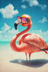 ai generated fantasy illustration of a flamingo on holiday with sunglasses at a beach
