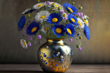  a vase filled with blue and white flowers on a table next to a brown wall and a wooden table with a blue and yellow vase on it.  generative ai