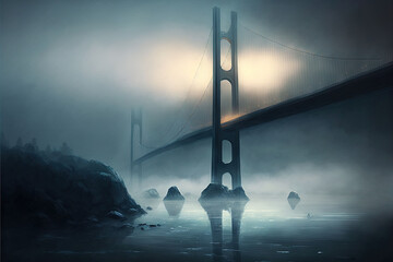 Fototapeta na wymiar a foggy night with a bridge in the distance and fog in the foreground and fog in the foreground and fog in the foreground. generative ai