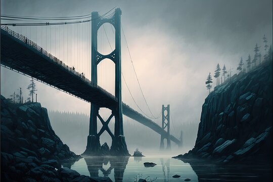  a painting of a bridge over a body of water with a boat in the water and trees on the shore in the background and a foggy sky.  generative ai