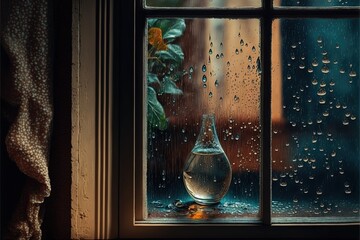  a vase sitting on a window sill next to a window with raindrops on the glass and a window sill with a flower in it.  generative ai