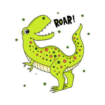 Cartoon dinosaur tyrannosaurus roars. Roar text! Children's vector illustration for design of prints, posters, cards, stickers, puzzles, games and so on.