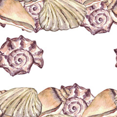 Watercolor sea shell seamless pattern. Hand drawn seashells texture vintage ocean background.