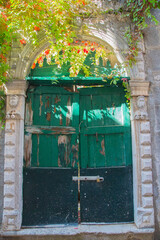 Old weathered wooden green door with a round arch bordered by stucco plastering heads and overgrown with plants and flowers, seen on the island Hvar, Croatia, vintage, garden design and landscaping