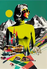 Fotobehang Ski Vacation Poster, Winter sports print, Vintage art, Collage art, AI generative, Trendy collage with mountains, winter sport resort, pop colors, interior art poster, mountain cabin decoration © Silvia