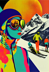 Ski Vacation Poster, Winter sports print, Vintage art, Collage art, AI generative, Trendy collage with mountains, winter sport resort, pop colors, interior art poster, mountain cabin decoration - obrazy, fototapety, plakaty