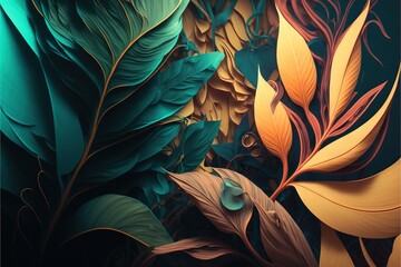  a painting of a bunch of leaves on a black background with a blue sky in the back ground and a yellow and green one in the middle.  generative ai