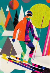 Ski Vacation Poster, Winter sports print, Vintage art, Collage art, AI generative, Trendy collage with mountains, winter sport resort, pop colors, interior art poster, mountain cabin decoration