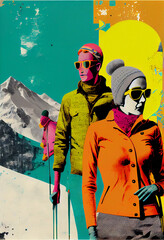 Ski Vacation Poster, Winter sports print, Vintage art, Collage art, AI generative, Trendy collage with mountains, winter sport resort, pop colors, interior art poster, mountain cabin decoration - obrazy, fototapety, plakaty