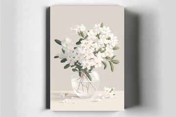  a white vase with white flowers on a white surface with a shadow of a wall behind it and a shadow of a wall behind it.  generative ai