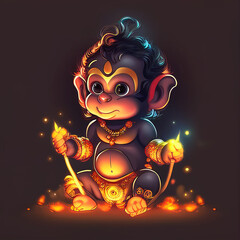 cute baby Hindu God Hanuman cartoon character style, generative AI