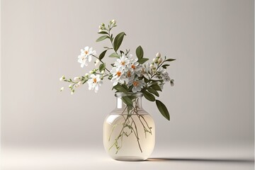  a glass vase with flowers in it on a white tableclothed surface with a shadow of a wall in the background and a gray wall in the background.  generative ai