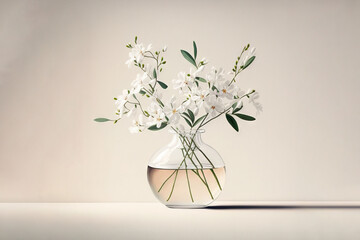  a glass vase filled with white flowers on top of a table next to a white wall and a white wall behind the vase is a white background.  generative ai