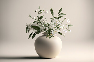  a white vase filled with white flowers on top of a white tablecloth covered tablecloth and a white wall in the background with a shadow of the vase on the floor.  generative ai