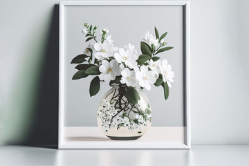  a picture of a vase with white flowers in it on a table next to a white framed object on a wall with a white background.  generative ai