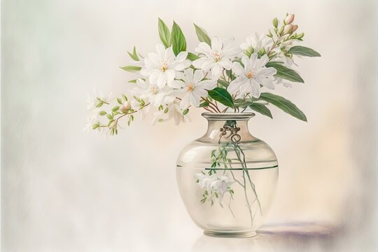  a painting of white flowers in a glass vase on a white tablecloth with a neutral background and a light colored background with a white background.  generative ai
