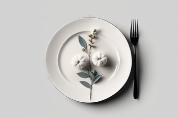  a white plate topped with two white flowers next to a black fork and a white plate with two small white flowers on top of it.  generative ai