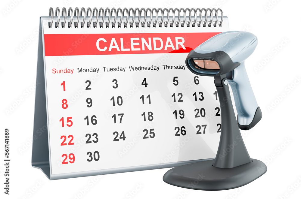 Poster bar code reader, scanner with desk calendar. 3d rendering