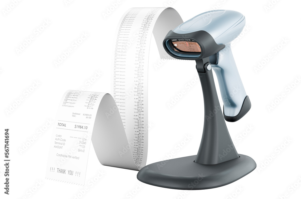 Poster bar code reader, scanner with printed receipt. 3d rendering